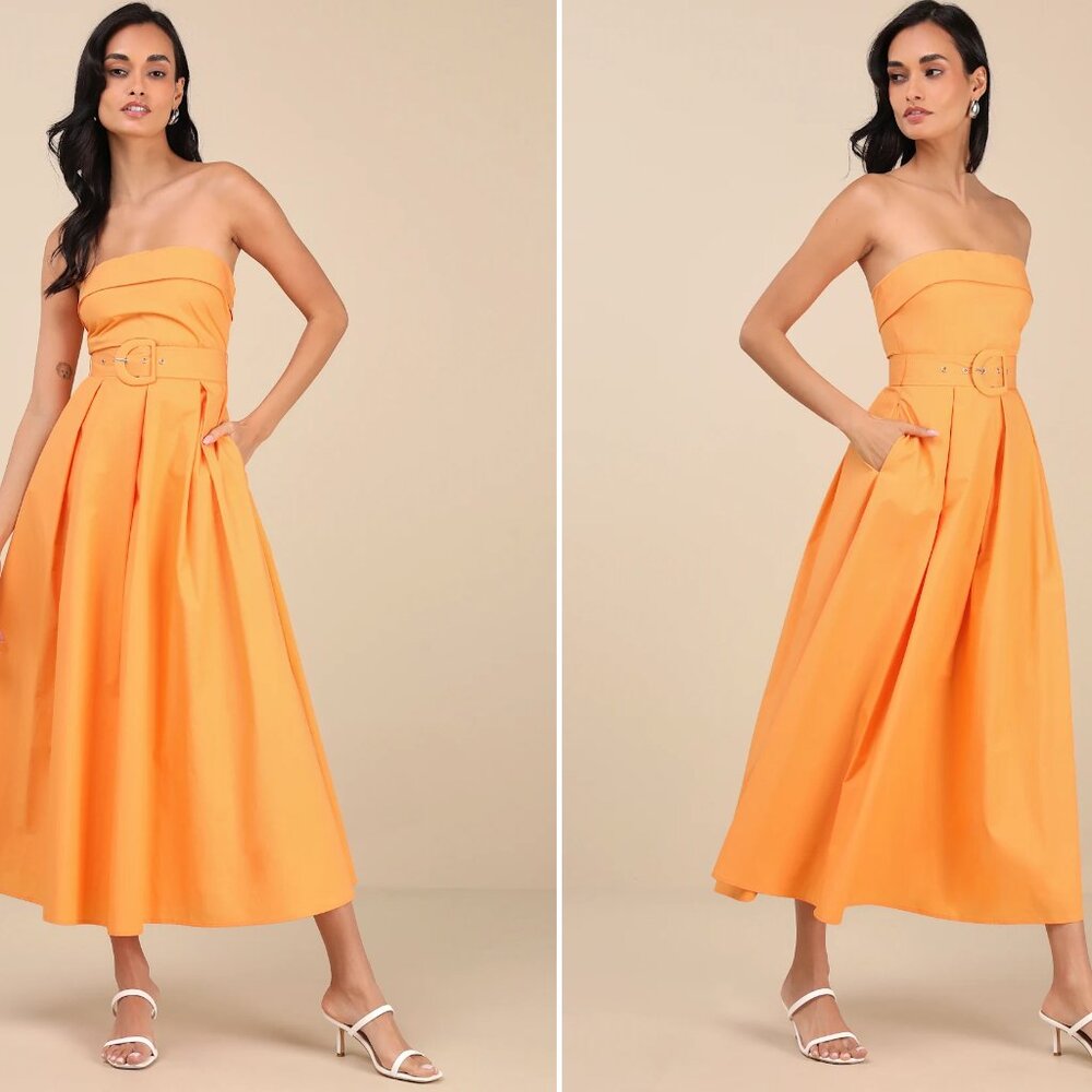 Lulus Trendsetting Choice Orange Strapless Midi Dress With Pockets - Size M